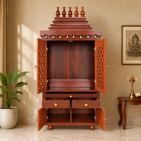 Pujadwar Teak Wood Pooja Mandap With Doors (Teak) Open Drawers Vew
