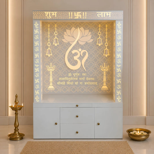 Raghvika Wooden Corian Mandir (White) Lifestyle View