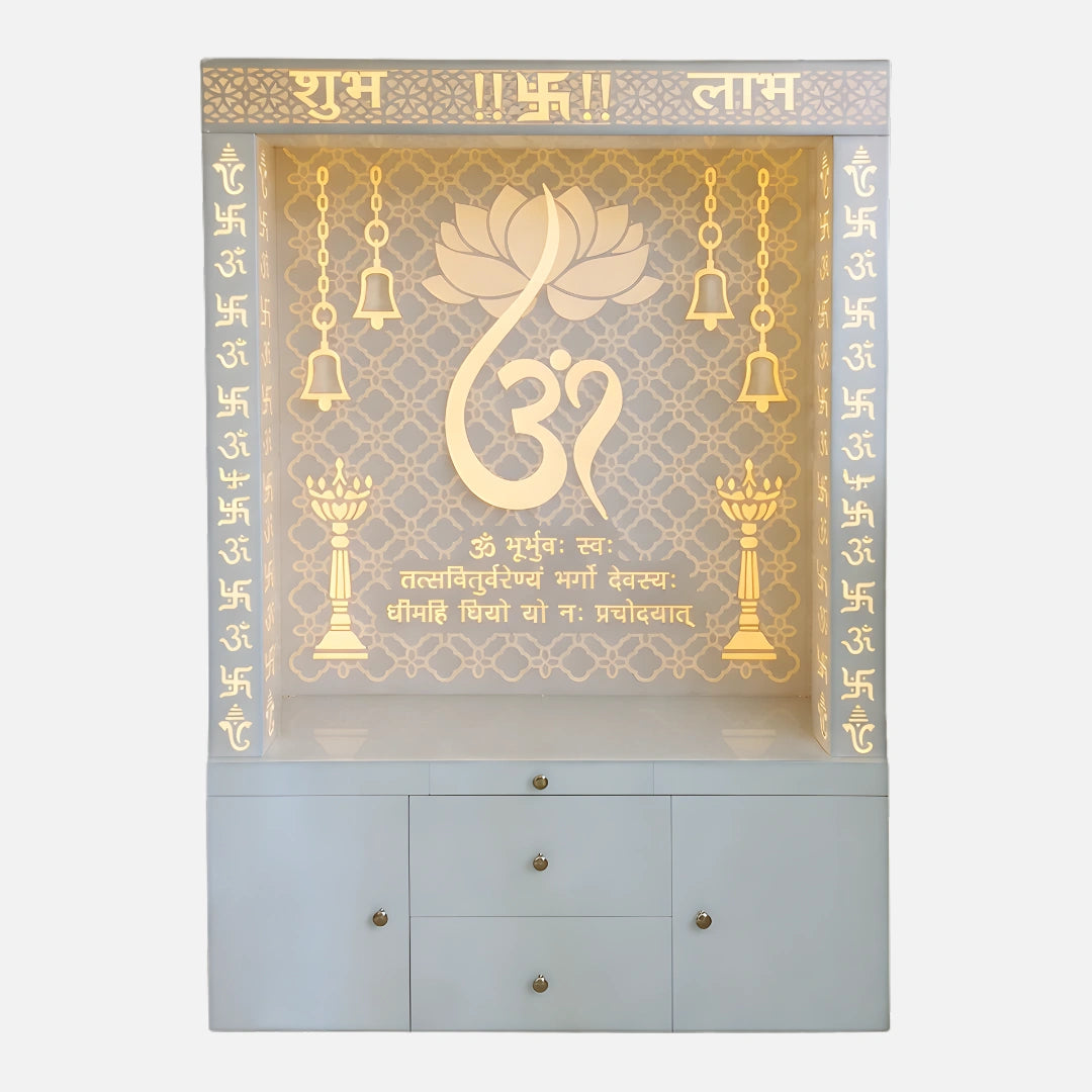 Raghvika Wooden Corian Mandir (White) front view  