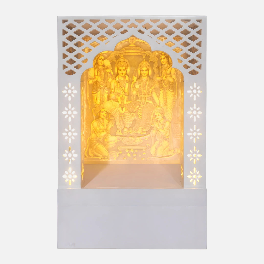 Ramved Wooden Corian Mandir (White) front view 