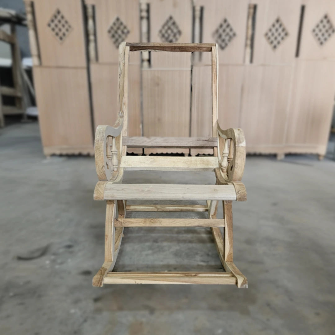 Raw Image of Touffy Fabric Upholstered Teak Wood Rocking Chair (Teak Gold)