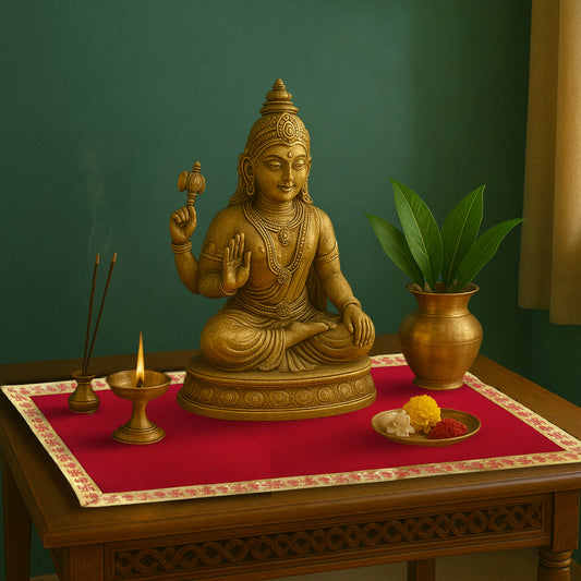 Red Floral Design Pooja Aasan with Swastik Border – 23x13 Inch lifestyel view