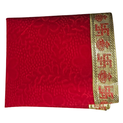Red Floral Design Pooja Aasan with Swastik Border – 23x13 Inch top view fold view