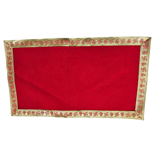 Red Floral Design Pooja Aasan with Swastik Border – 23x13 Inch top view