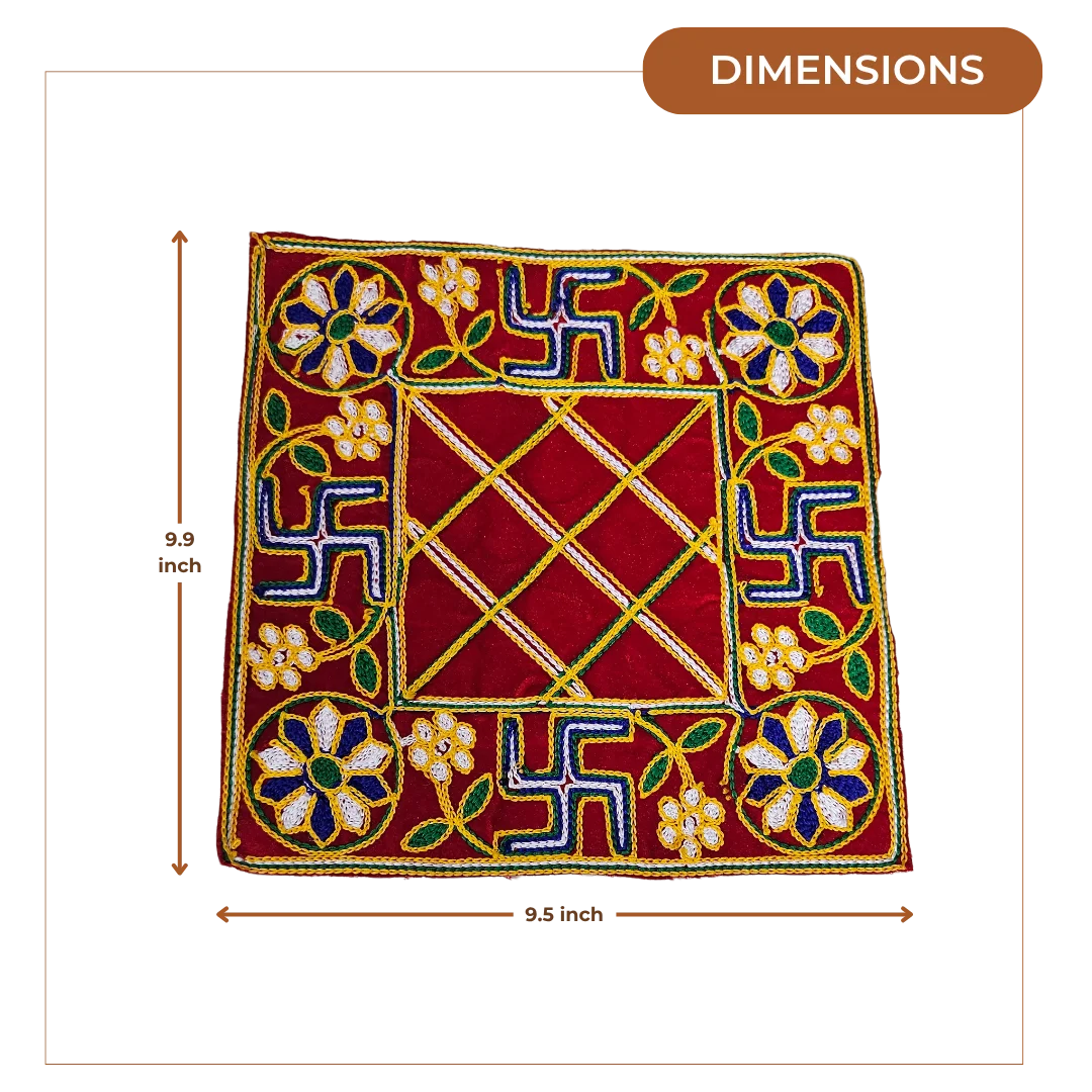 Red Pooja Aasan with Floral & Swastik Design dimensions