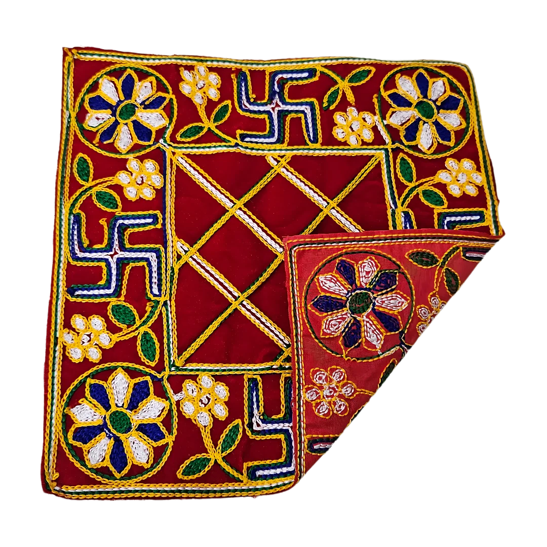 Red Pooja Aasan with Floral & Swastik Design fold back view