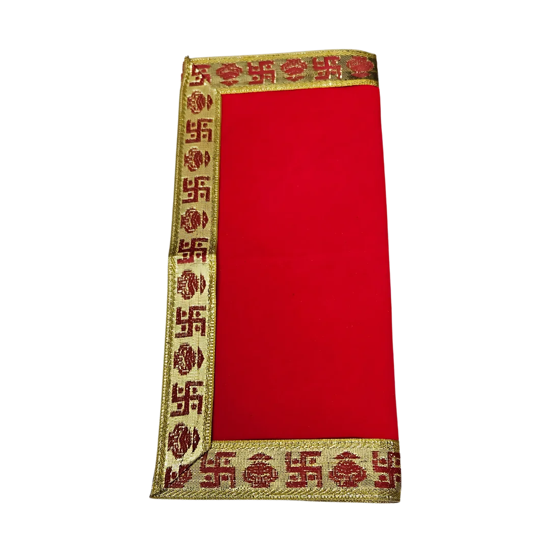 Red Pooja Aasan with Swastik Kalash Border – 12x12.4 Inch fold view