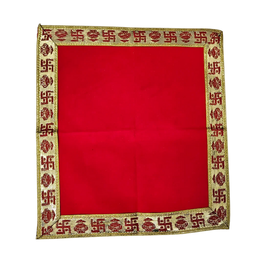 Red Pooja Aasan with Swastik Kalash Border – 12x12.4 Inch top view