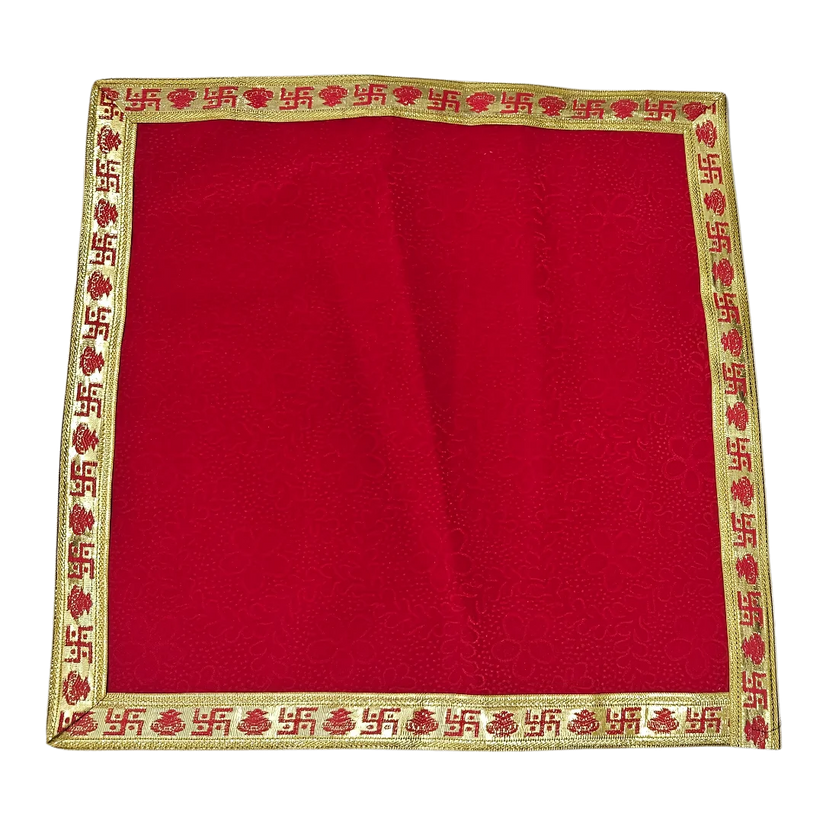 Red Pooja Aasan with Swastik Kalash Border 14x14 Inch