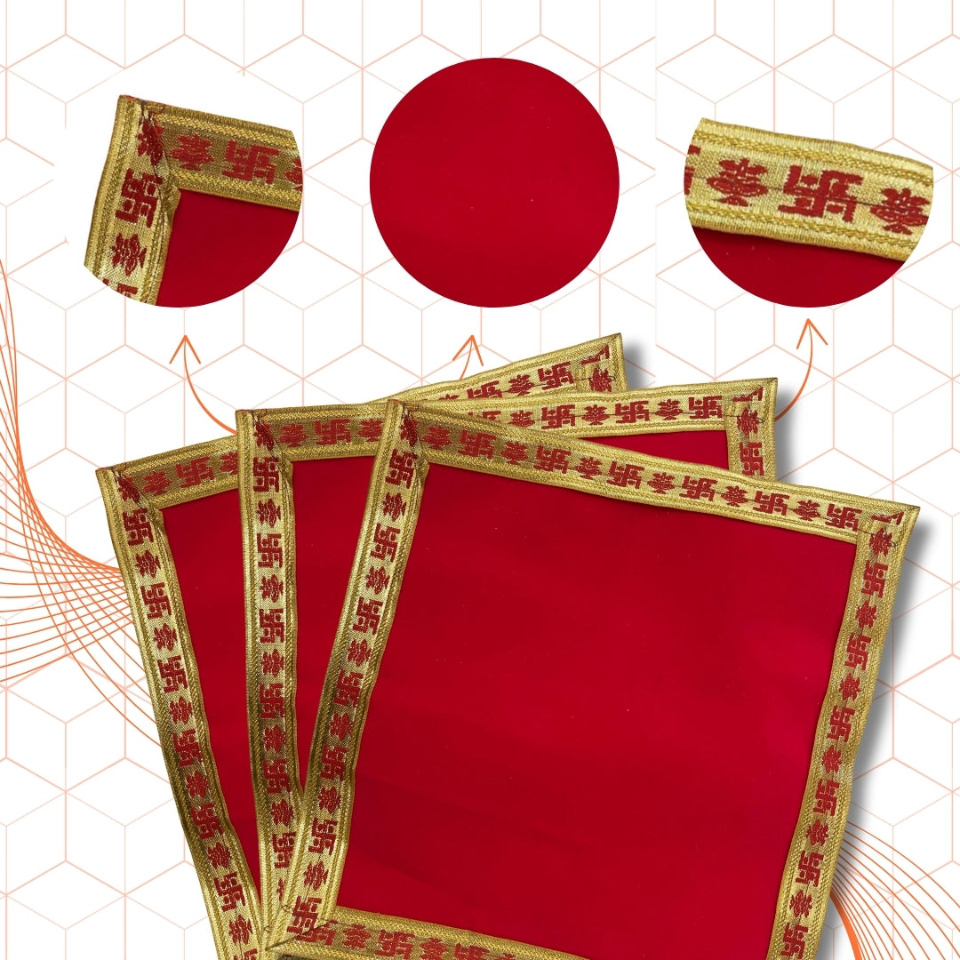 Red Pooja Aasan with Swastik Kalash Border – 12x12.4 Inch pattren view 