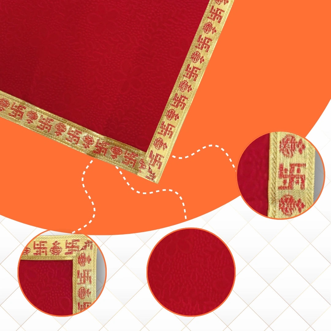 Red Pooja Aasan with Swastik Kalash Border – 14x14 Inch pattern view