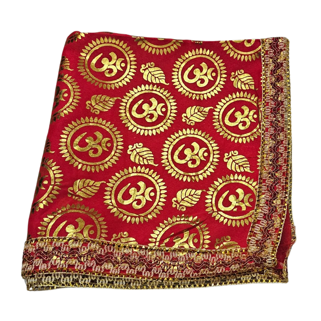 Red Satin Pooja Aasan with Golden Om fold view