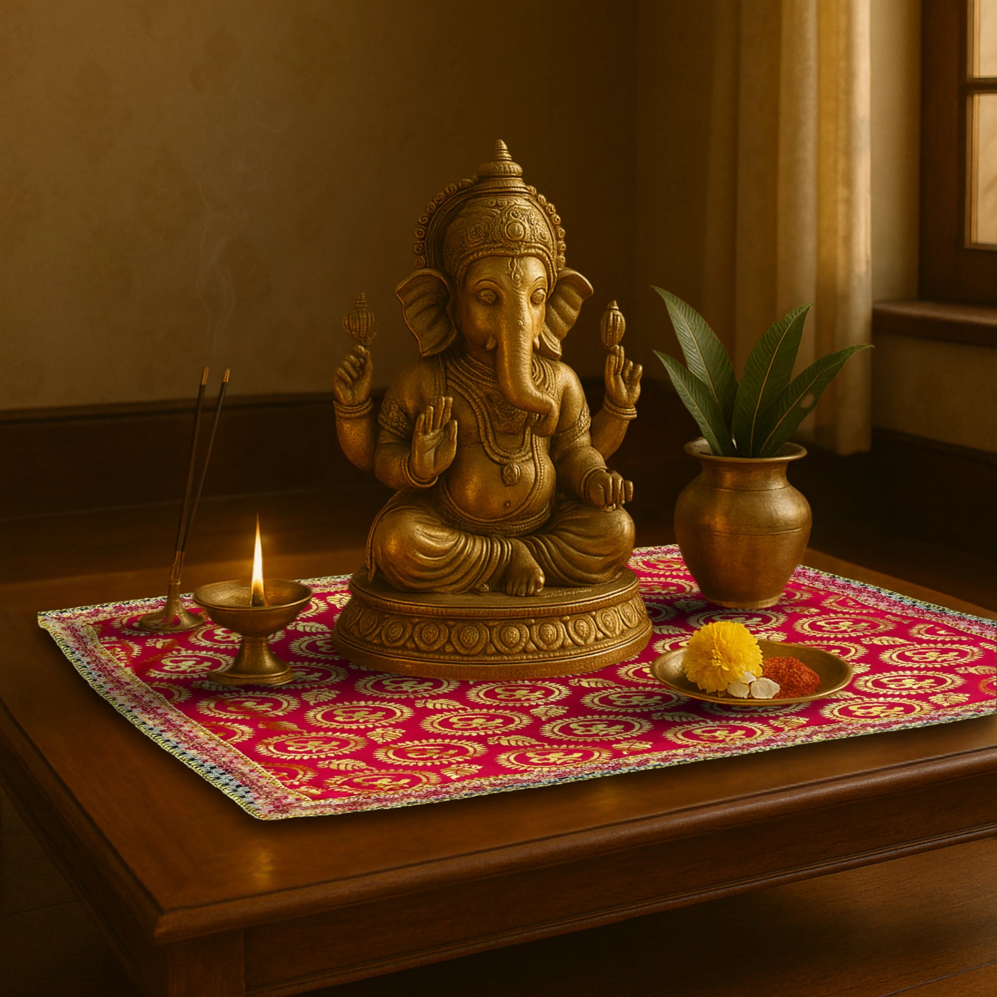 Red Satin Pooja Aasan with Golden Om lifestyle view