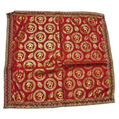 Red Satin Pooja Aasan with Golden Om main view