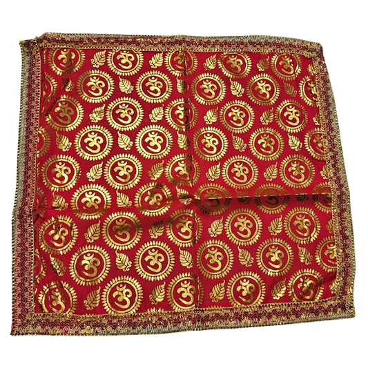 Red Satin Pooja Aasan with Golden Om main view