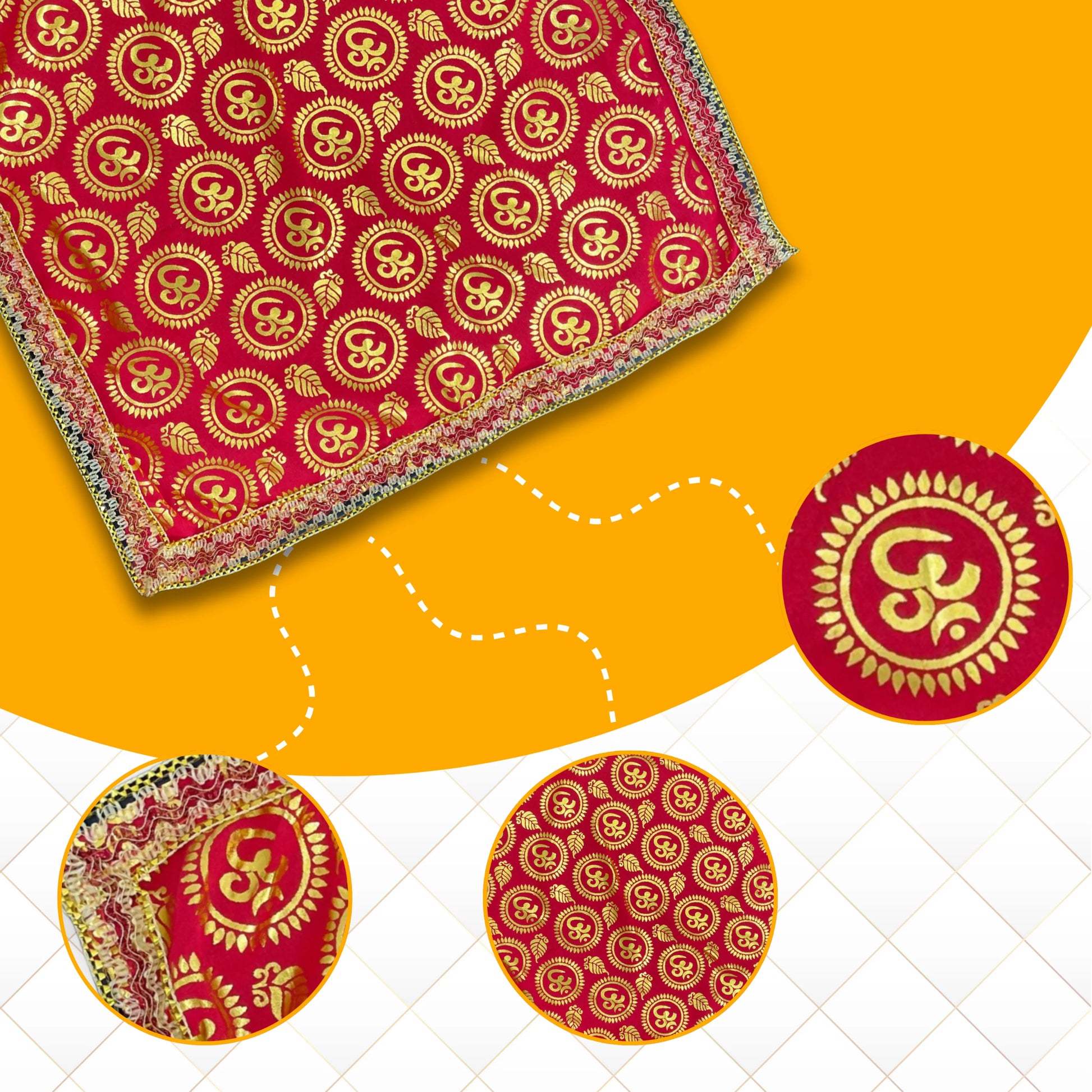 Red Satin Pooja Aasan with Golden Om pattren view