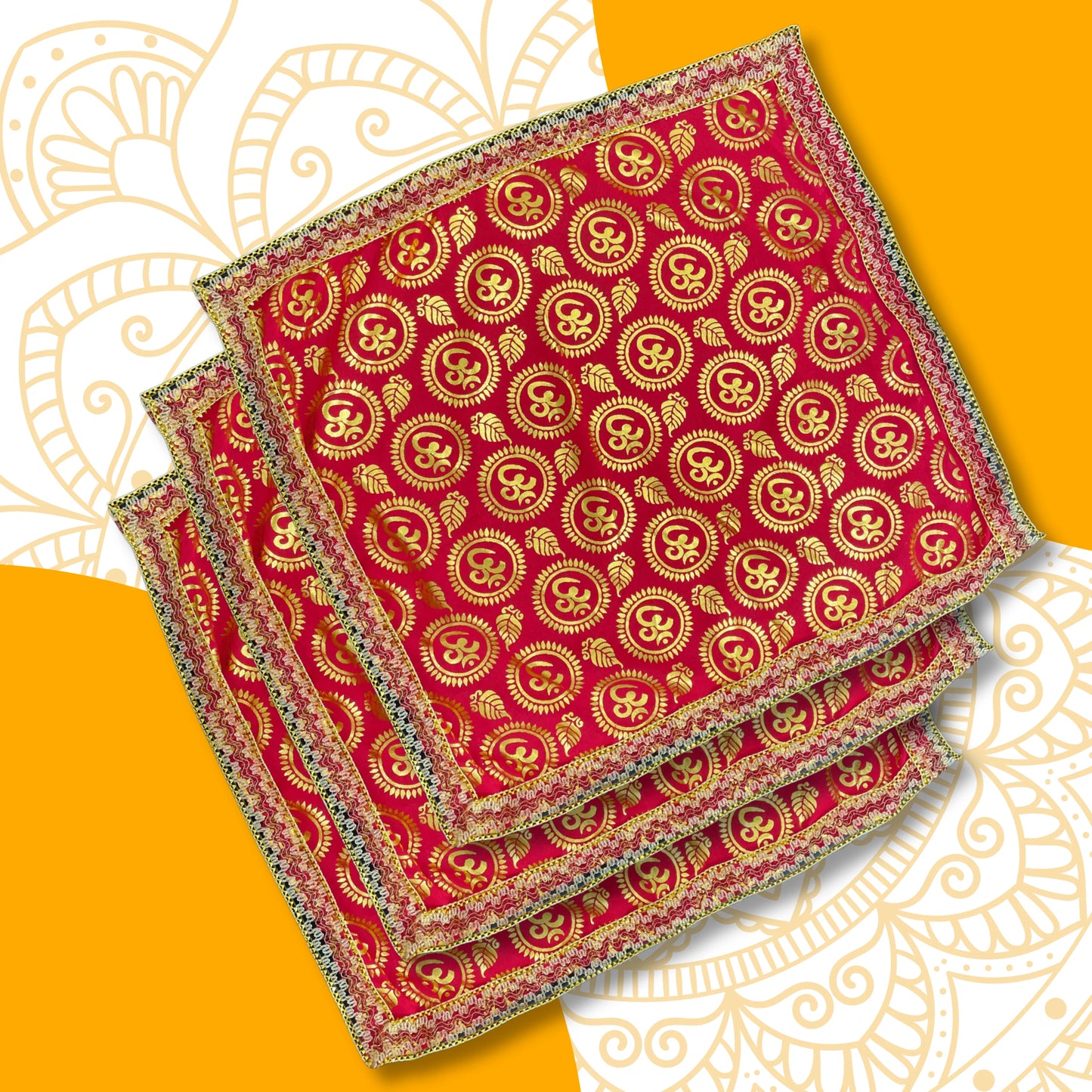 Red Satin Pooja Aasan with Golden Om top view