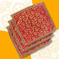 Red Satin Pooja Aasan with Golden Om top view
