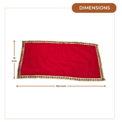 Red Velvet Pooja Aasan with Golden Swastik Border – 18x36.5 dimensions