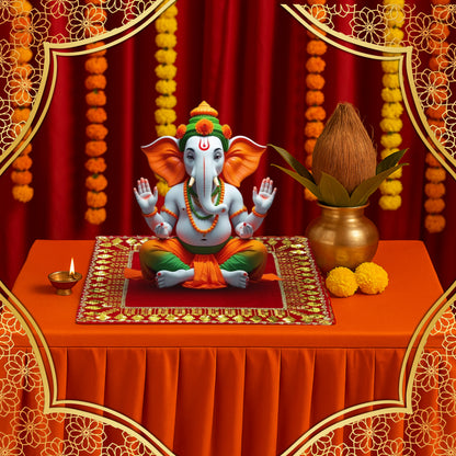 Red Velvet Pooja Aasan with Golden Sequin Lace lifestyle view