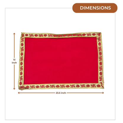 Red Velvet Pooja Aasan with Golden Swastik Border – 13x23.6 Inch dimensions