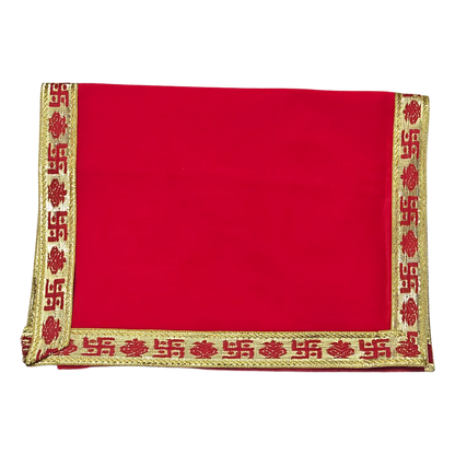 Red Velvet Pooja Aasan with Golden Swastik Border – 13x23.6 Inch fold view