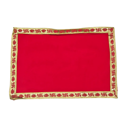 Red Velvet Pooja Aasan with Golden Swastik Border – 13x23.6 Inch top view