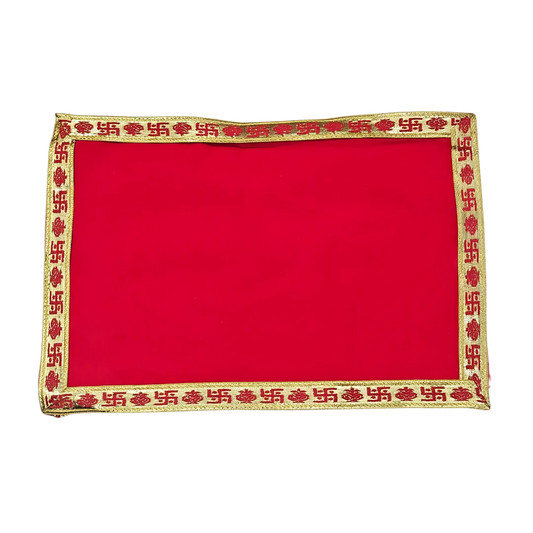 Red Velvet Pooja Aasan with Golden Swastik Border – 13x23.6 Inch top view