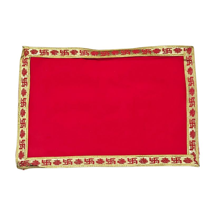 Red Velvet Pooja Aasan with Golden Swastik Border 13x23.6 Inch