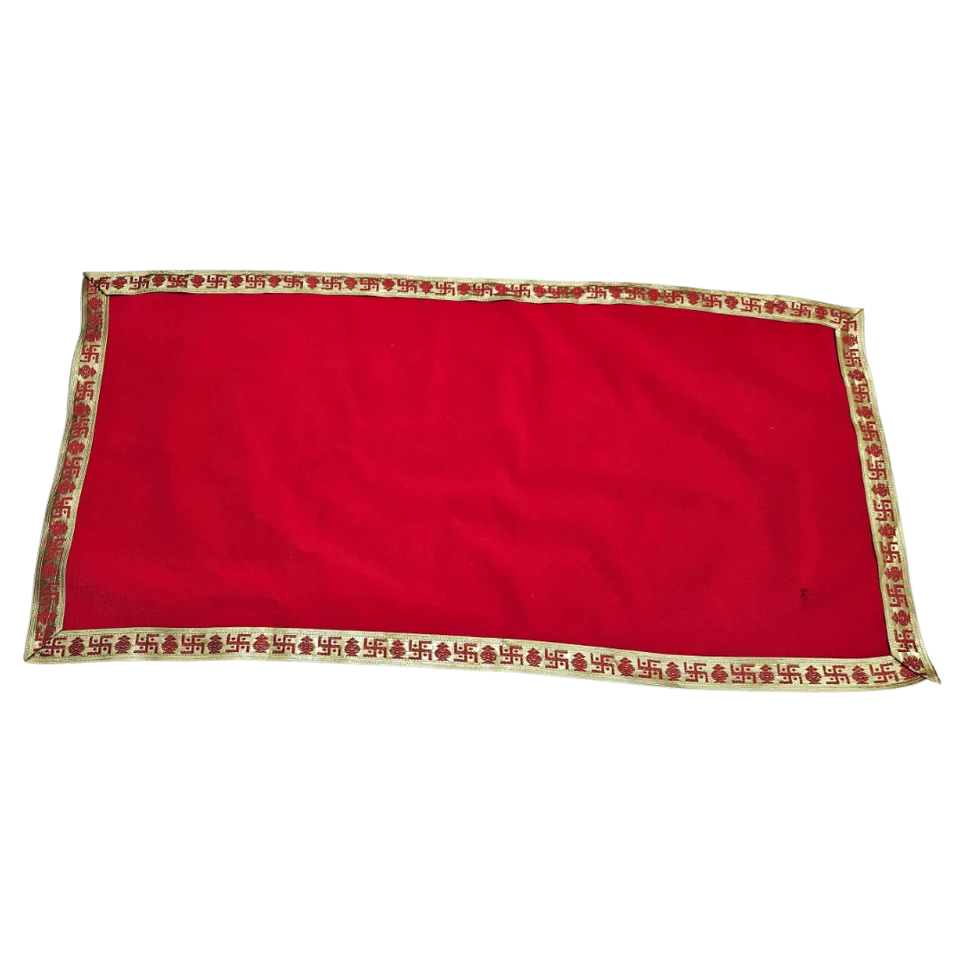 Red Velvet Pooja Aasan with Golden Swastik Border – 18x36.5 Inch top view