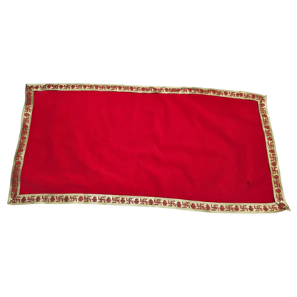 Red Velvet Pooja Aasan with Golden Swastik Border – 18x36.5 Inch top view