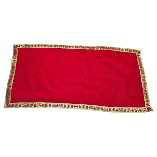 Red Velvet Pooja Aasan with Golden Swastik Border – 18x36.5 Inch top view