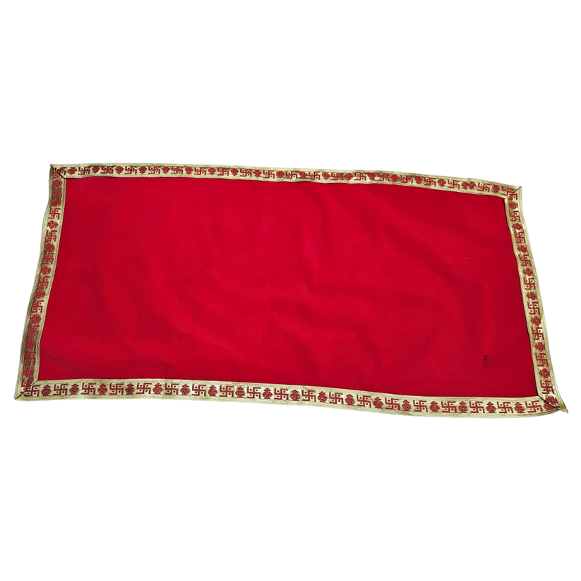 Red Velvet Pooja Aasan with Golden Swastik Border 18x36.5 Inch