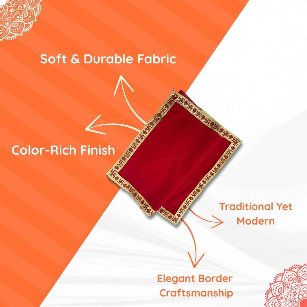 Red Velvet Pooja Aasan with Golden Swastik Border – 18x36.5 Inch speclication view 