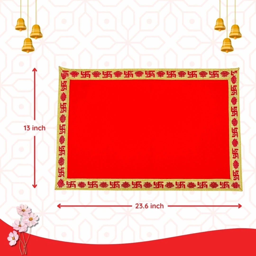 Red Velvet Pooja Aasan with Golden Swastik Border – 13x23.6 Inch dimensins image