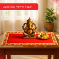 Red Velvet Pooja Aasan with Golden Swastik Border – 13x23.6 Inch lifestyle view
