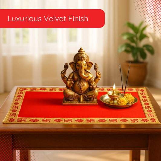 Red Velvet Pooja Aasan with Golden Swastik Border – 13x23.6 Inch lifestyle view