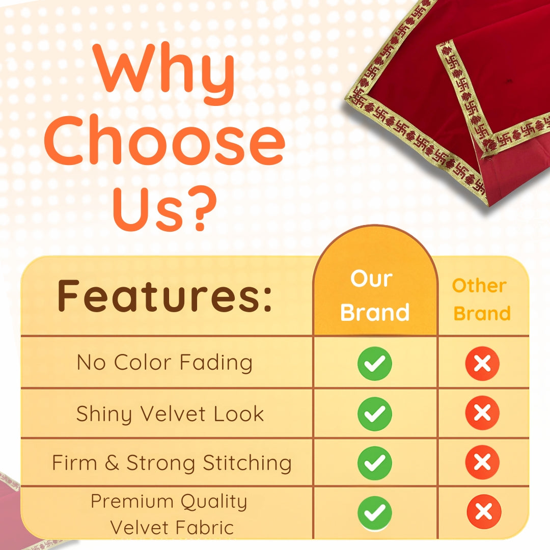 Red Velvet Pooja Aasan with Golden Swastik Border – 18x36.5 Inch Feature  view 
