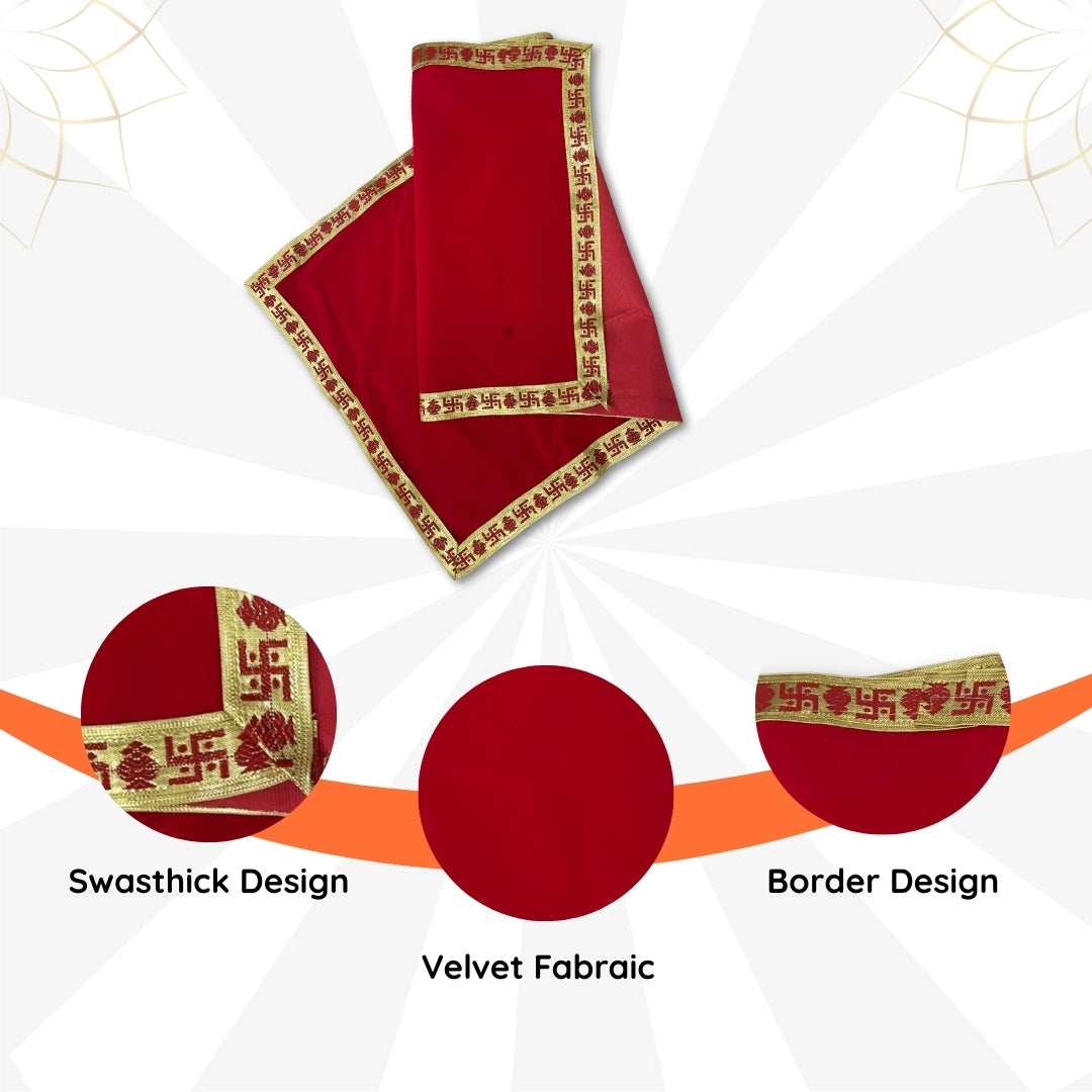 Red Velvet Pooja Aasan with Golden Swastik Border – 18x36.5 Inch pattren view 
