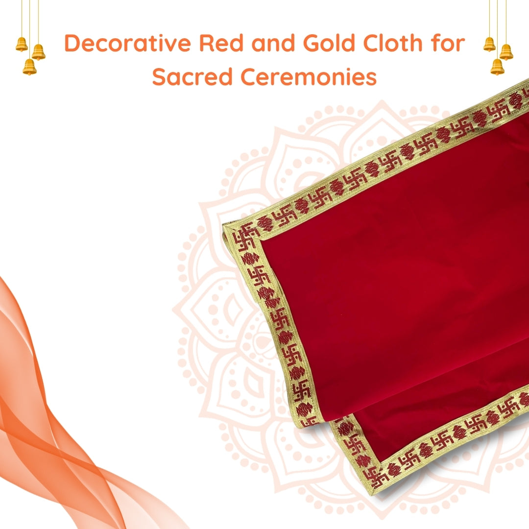 Red Velvet Pooja Aasan with Golden Swastik Border – 18x36.5 Inch side view 