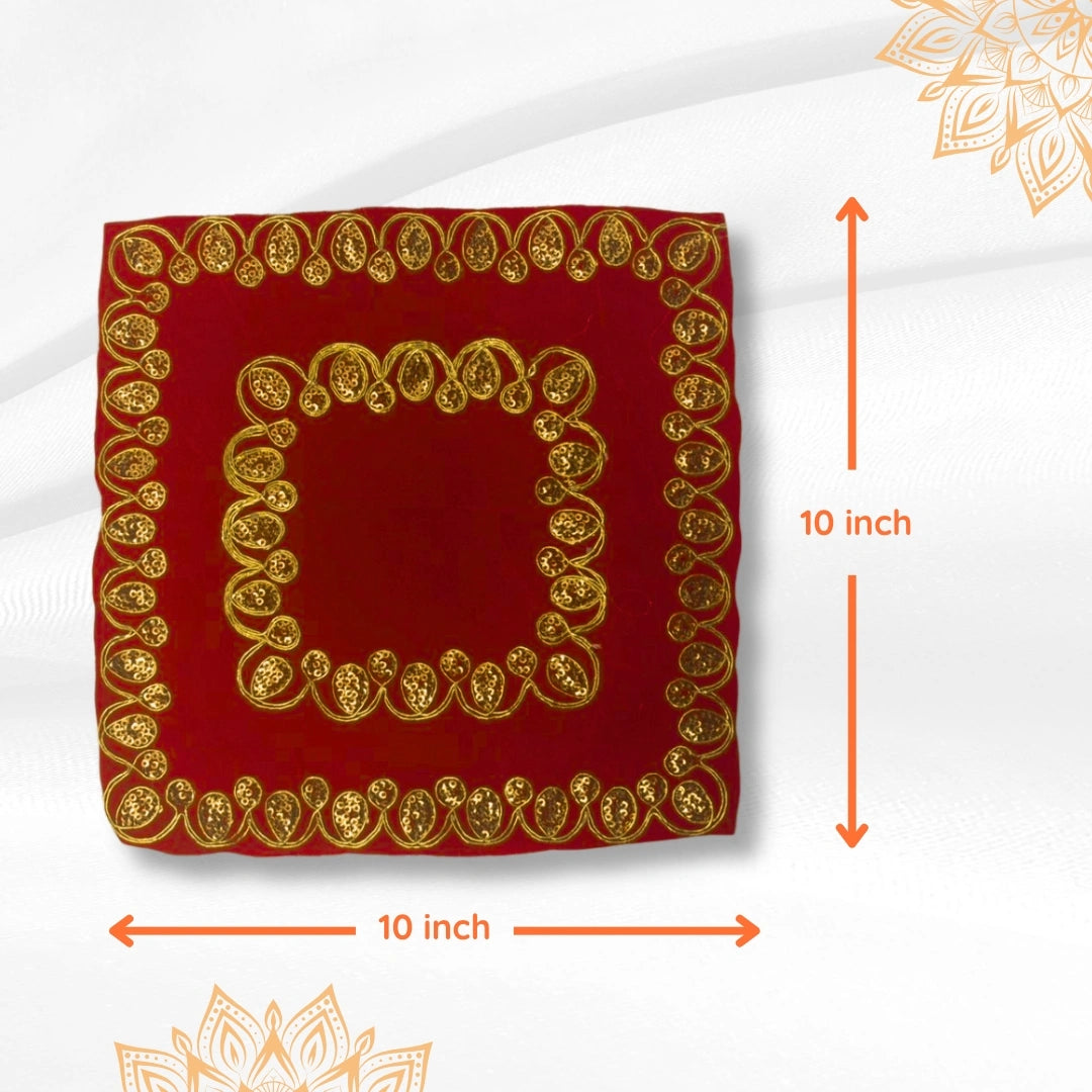 Red Velvet Pooja Aasan with Heavy Golden Embroidery dimensions image