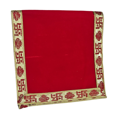 Red Velvet Pooja Aasan with Swastik Border – 09x13.4 Inch fold view