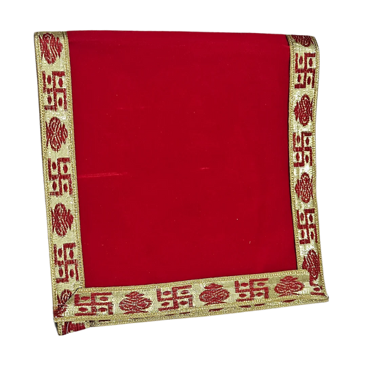 Red Velvet Pooja Aasan with Swastik Border – 09x13.4 Inch fold view