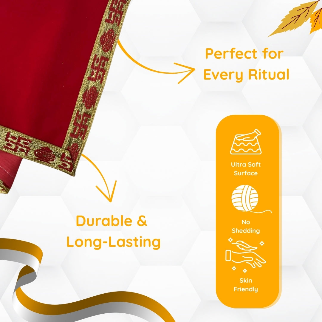 Red Velvet Pooja Aasan with Swastik Border – 09x13.4 Inch pattern view 