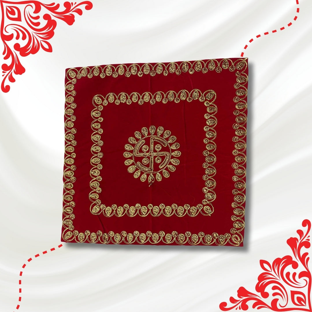 Red Velvet Pooja Aasan with Swastik Embroidery top view 