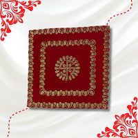 Red Velvet Pooja Aasan with Swastik Embroidery top view 