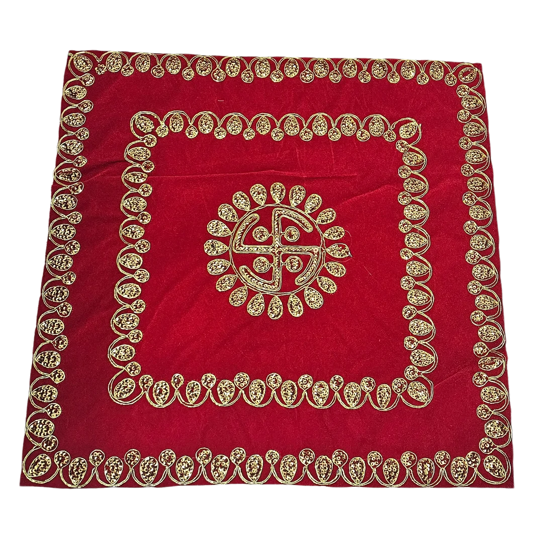 Red Velvet Pooja Aasan with Swastik Embroidery