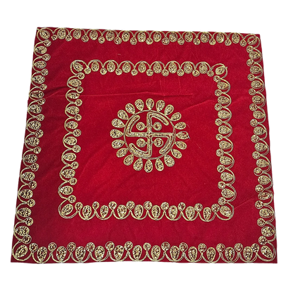 Red Velvet Pooja Aasan with Swastik Embroidery top view