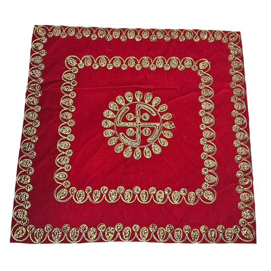 Red Velvet Pooja Aasan with Swastik Embroidery top view
