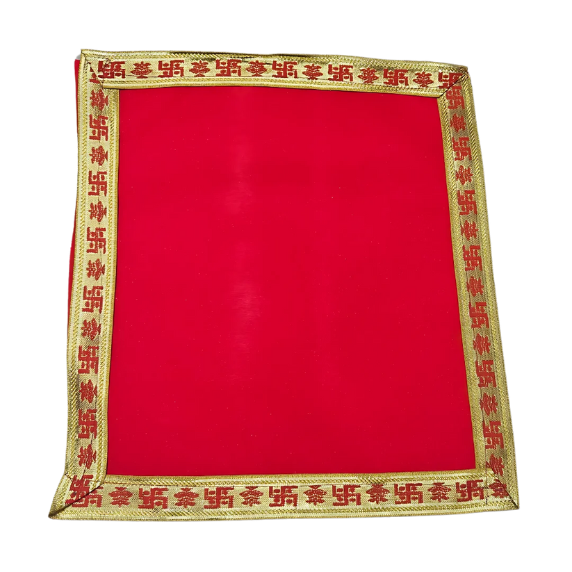 Red Velvet Pooja Aasan with Swastik Kalash Border 11.5x11 Inch